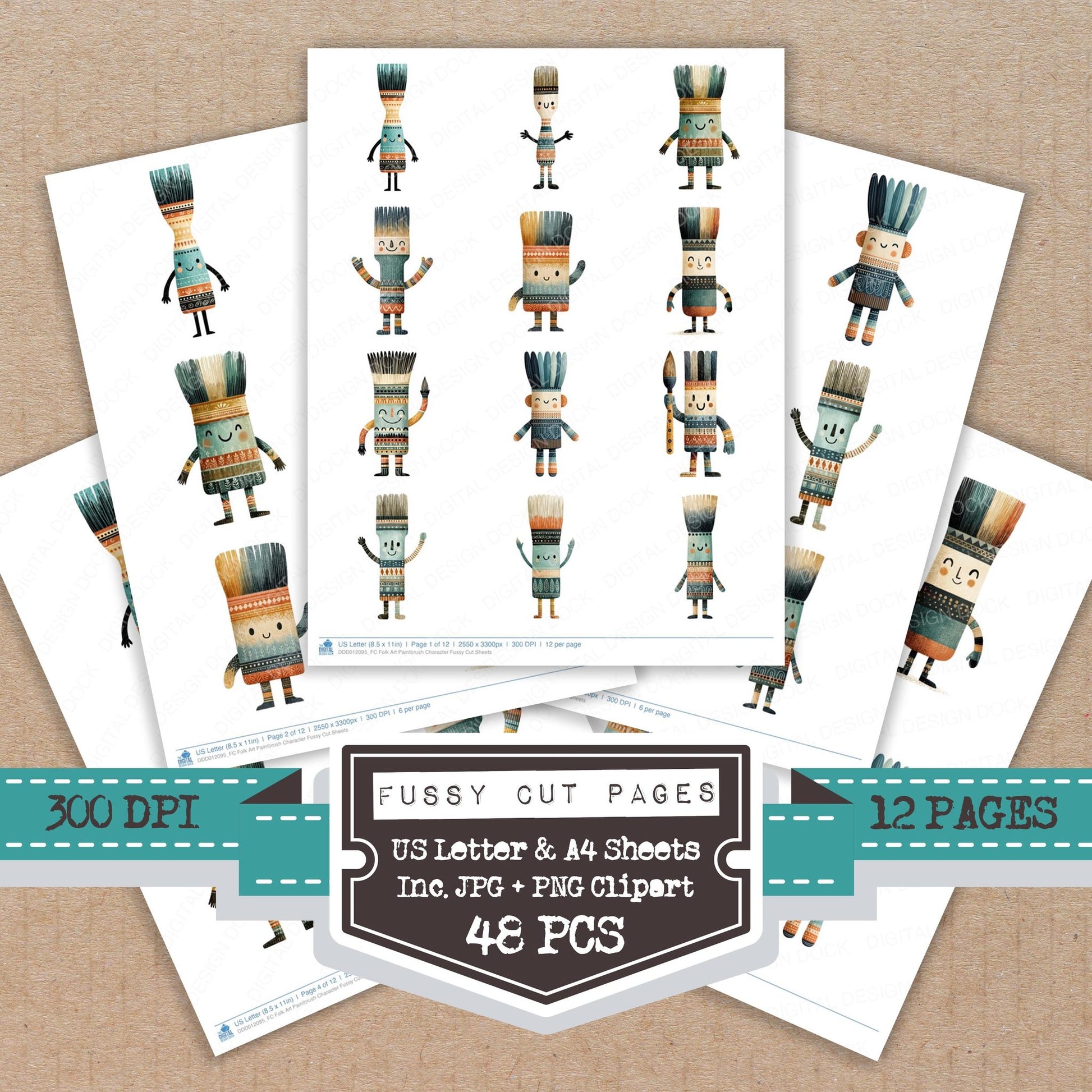 Folk Art Paintbrush Character fussy cut printable sheets for junk journaling, scrapbooking, and paper craft projects