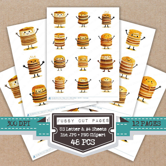 Folk Art Pancake Character fussy cut printable sheets for junk journaling, scrapbooking, and paper craft projects