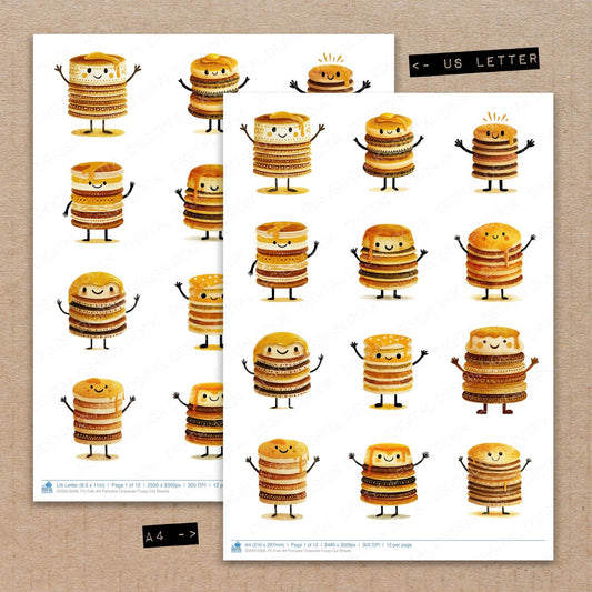 A4 and US Letter format comparison showing Folk Art Pancake Character fussy cut pages for print and cut crafting
