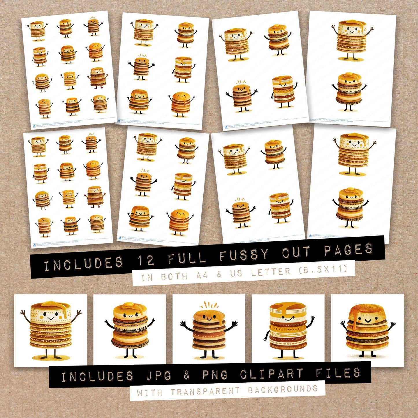Full collection view of Folk Art Pancake Character fussy cut sheets with bonus clipart JPG and PNG files