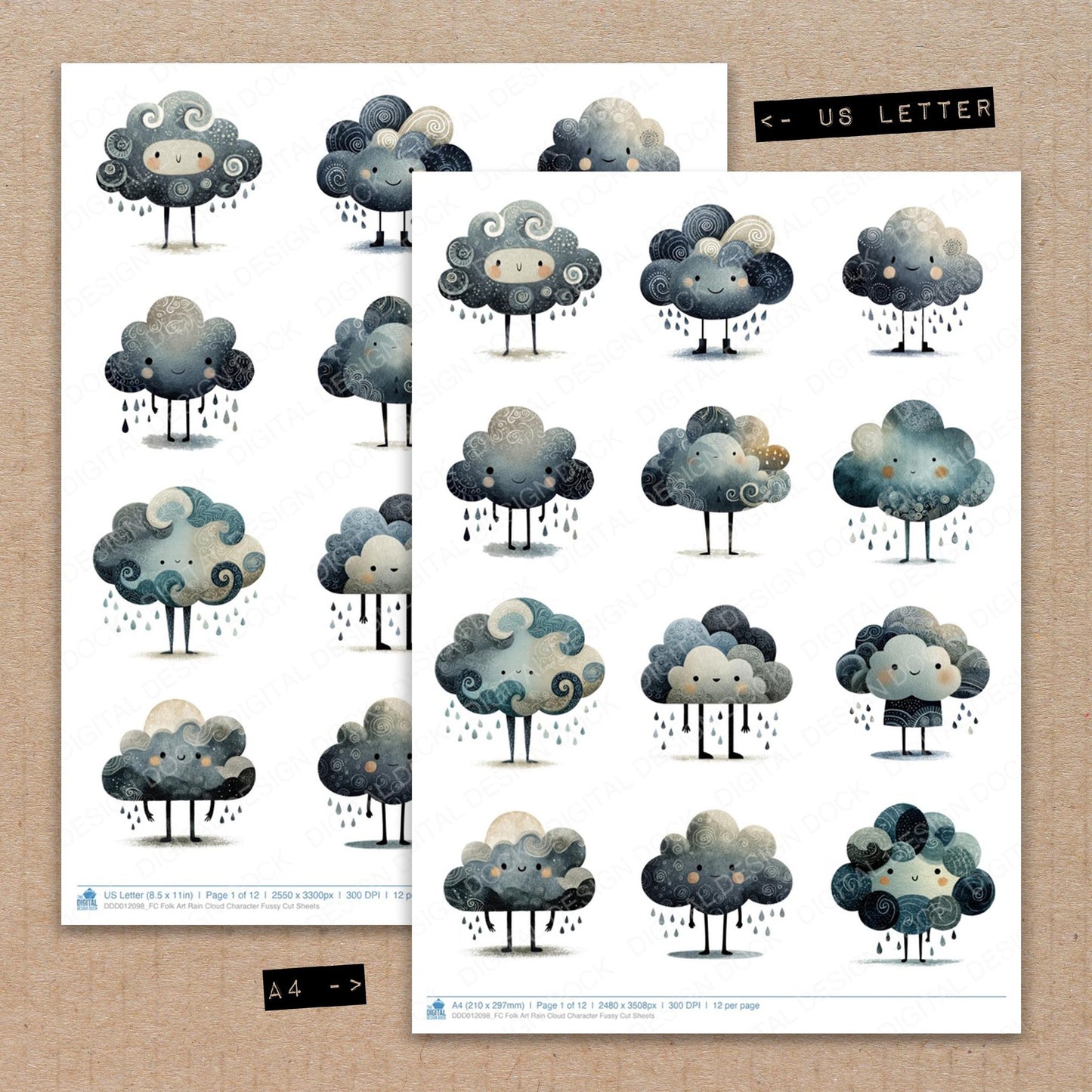A4 and US Letter format comparison showing Folk Art Rain Cloud Character fussy cut pages for print and cut crafting