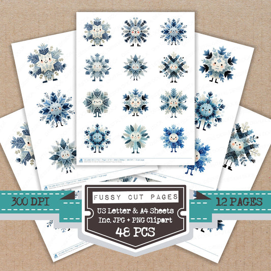 Folk Art Snowflake Character fussy cut printable sheets for junk journaling, scrapbooking, and paper craft projects