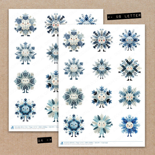 A4 and US Letter format comparison showing Folk Art Snowflake Character fussy cut pages for print and cut crafting