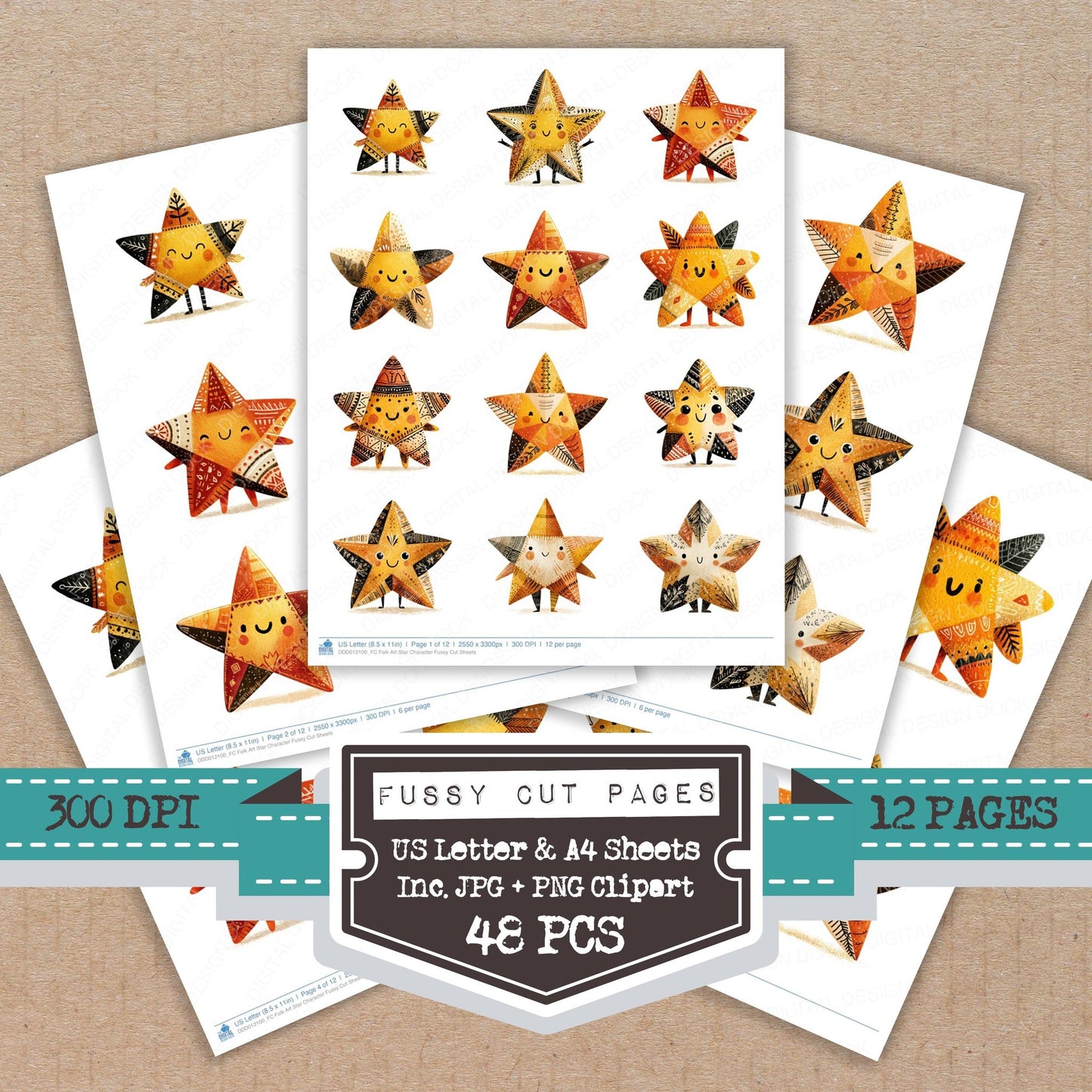 Folk Art Star Character fussy cut printable sheets for junk journaling, scrapbooking, and paper craft projects