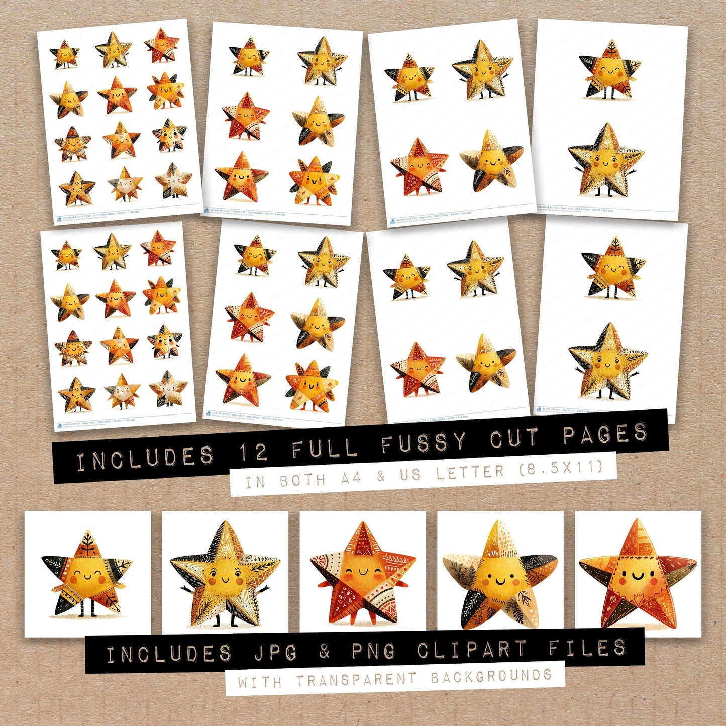 Full collection view of Folk Art Star Character fussy cut sheets with bonus clipart JPG and PNG files