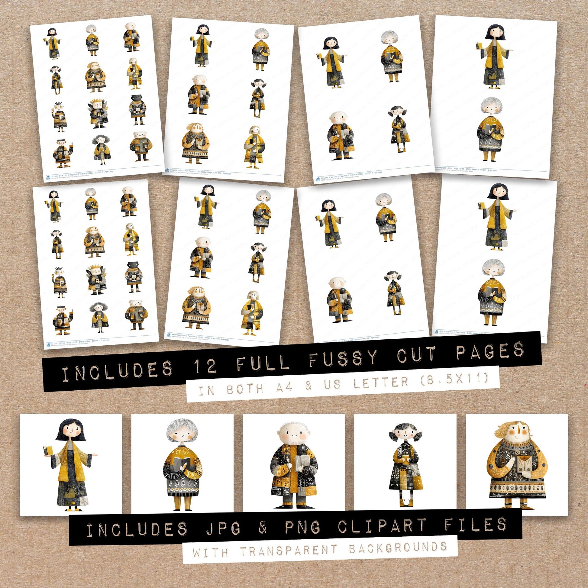 Full collection view of Folk Art Teacher Character fussy cut sheets with bonus clipart JPG and PNG files