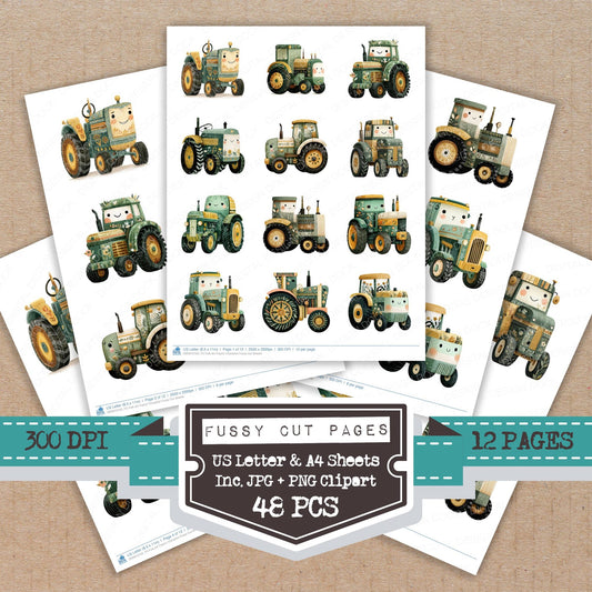Folk Art Tractor Character fussy cut printable sheets for junk journaling, scrapbooking, and paper craft projects