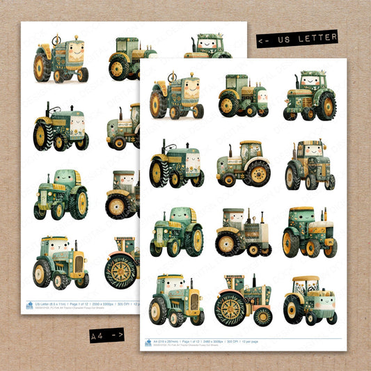 A4 and US Letter format comparison showing Folk Art Tractor Character fussy cut pages for print and cut crafting