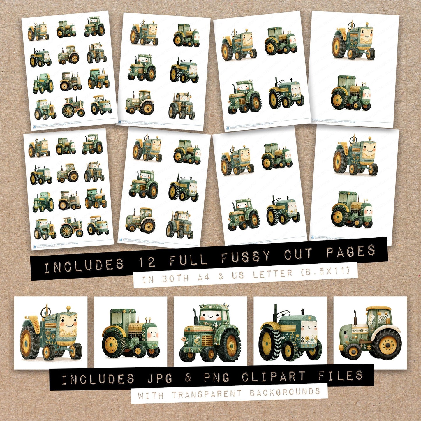 Full collection view of Folk Art Tractor Character fussy cut sheets with bonus clipart JPG and PNG files