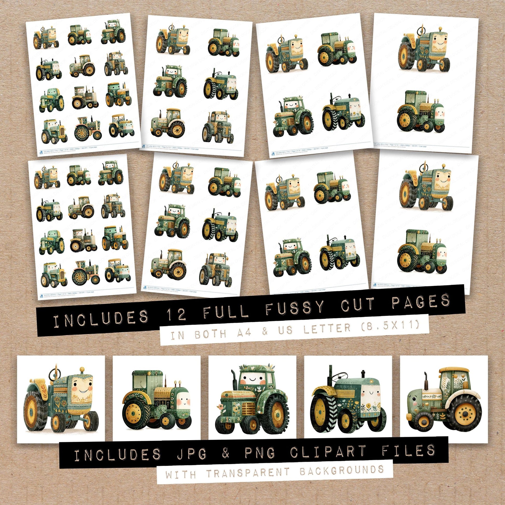 Full collection view of Folk Art Tractor Character fussy cut sheets with bonus clipart JPG and PNG files