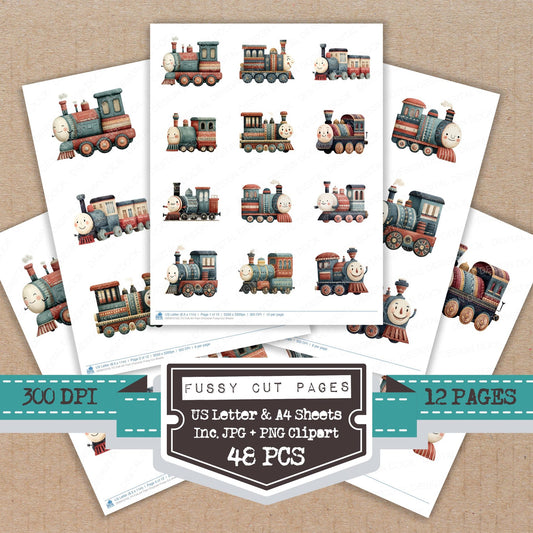 Folk Art Train Character fussy cut printable sheets for junk journaling, scrapbooking, and paper craft projects