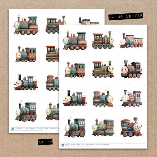 A4 and US Letter format comparison showing Folk Art Train Character fussy cut pages for print and cut crafting