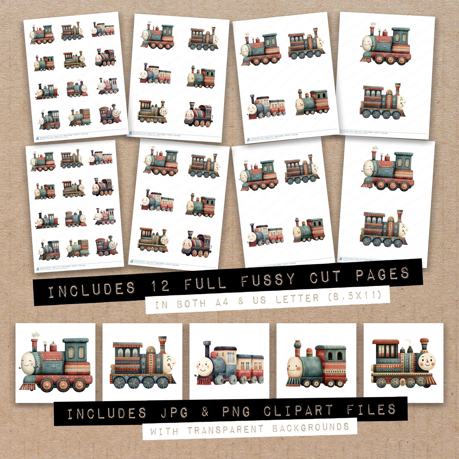 Full collection view of Folk Art Train Character fussy cut sheets with bonus clipart JPG and PNG files