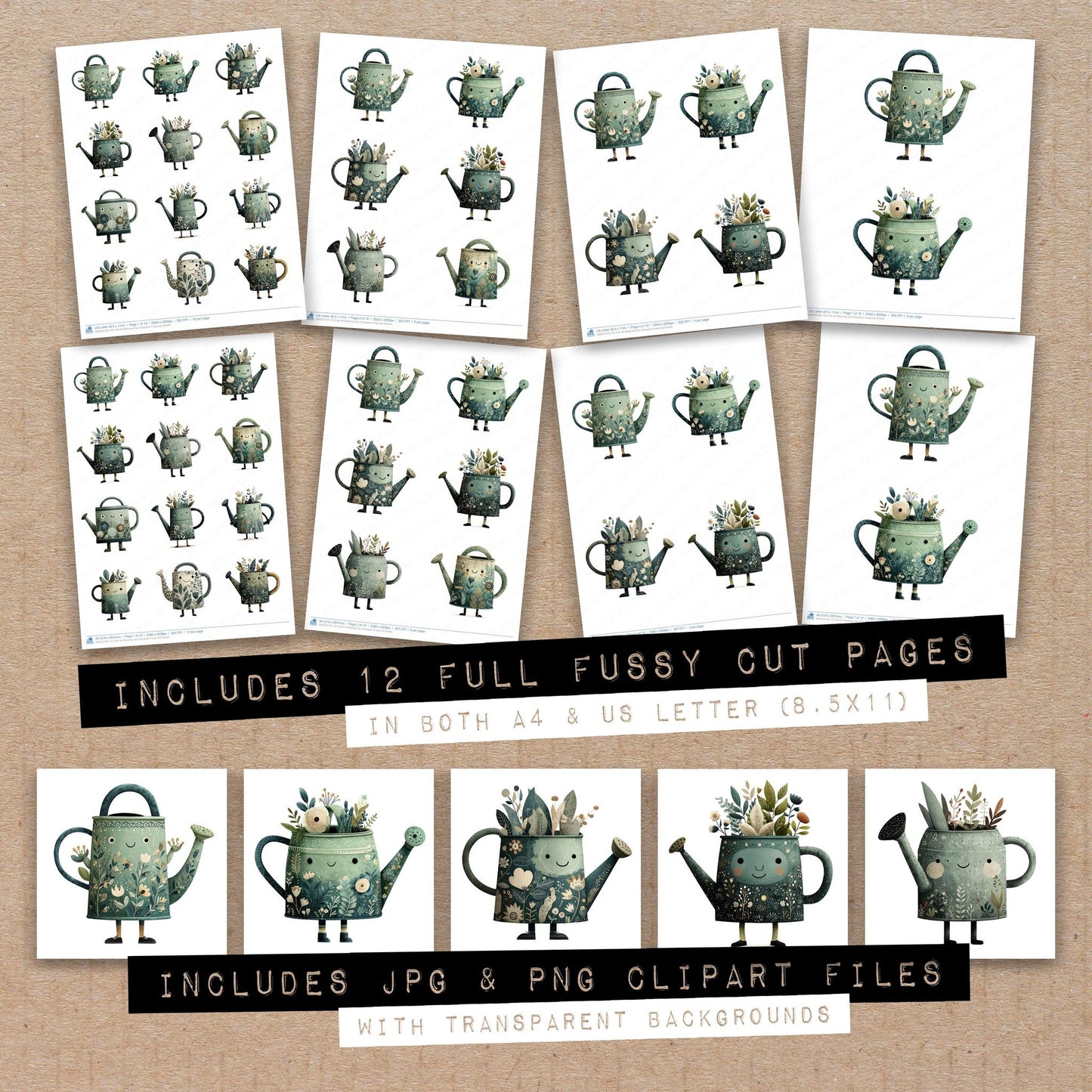 Full collection view of Folk Art Watering Can Character fussy cut sheets with bonus clipart JPG and PNG files