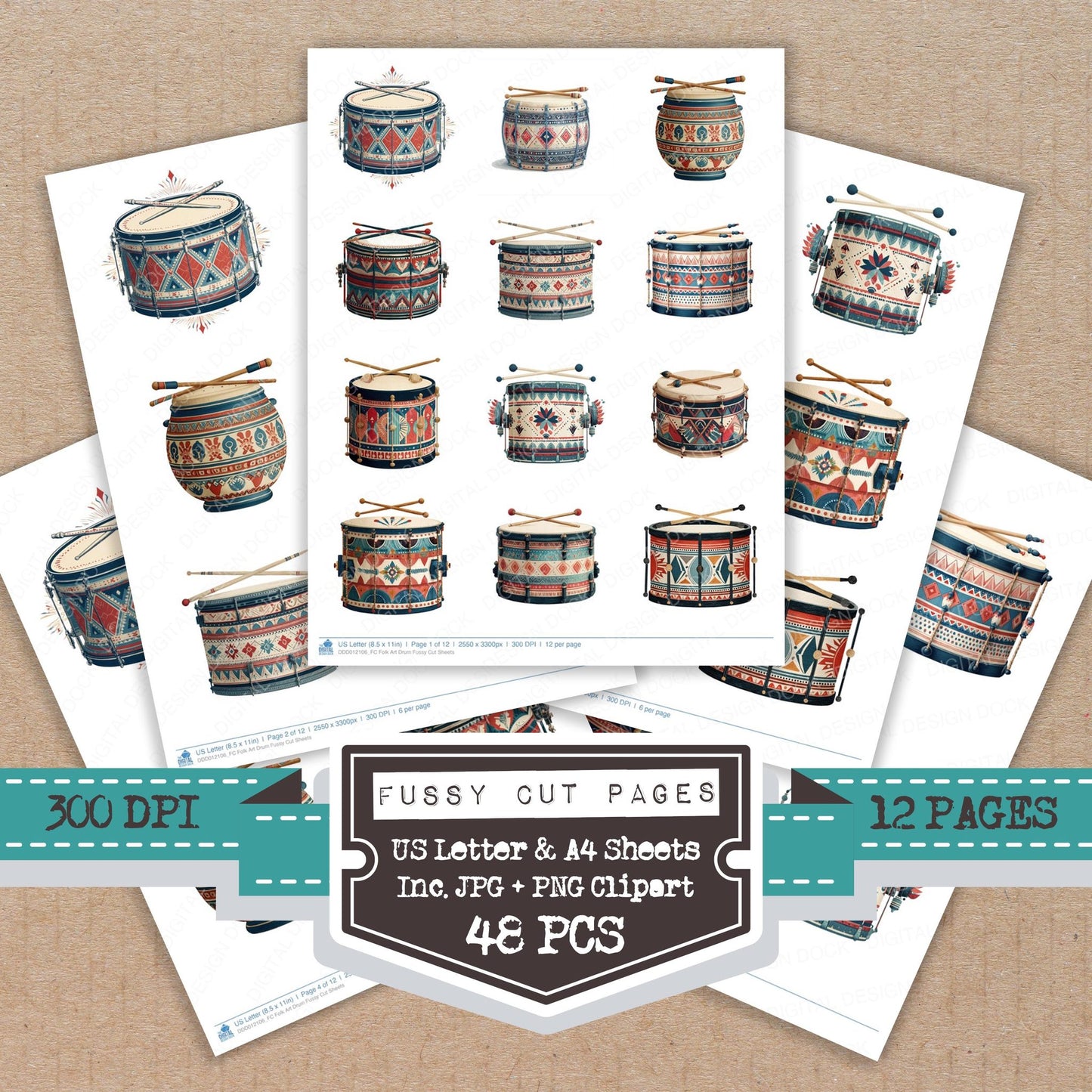 Folk Art Drum fussy cut printable sheets for junk journaling, scrapbooking, and paper craft projects