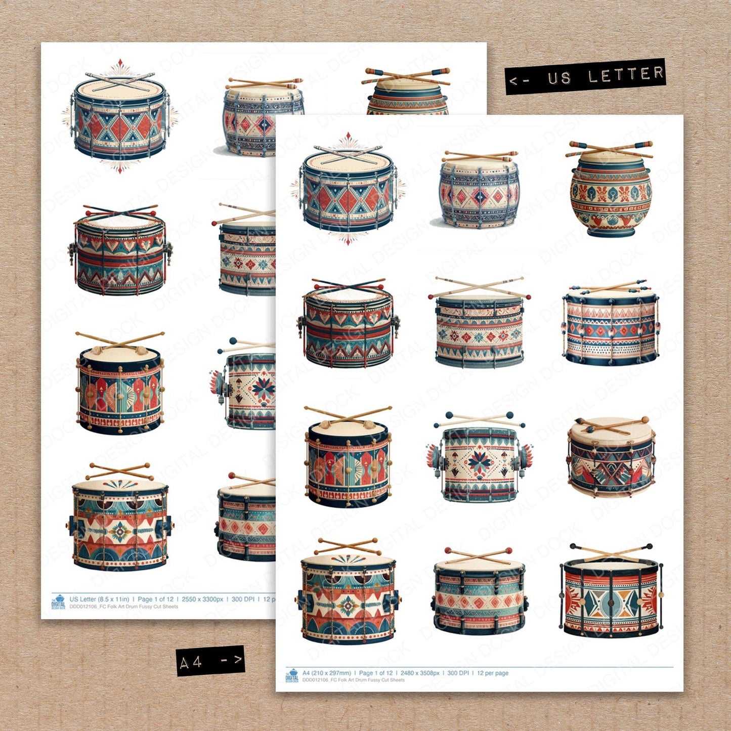 A4 and US Letter format comparison showing Folk Art Drum fussy cut pages for print and cut crafting