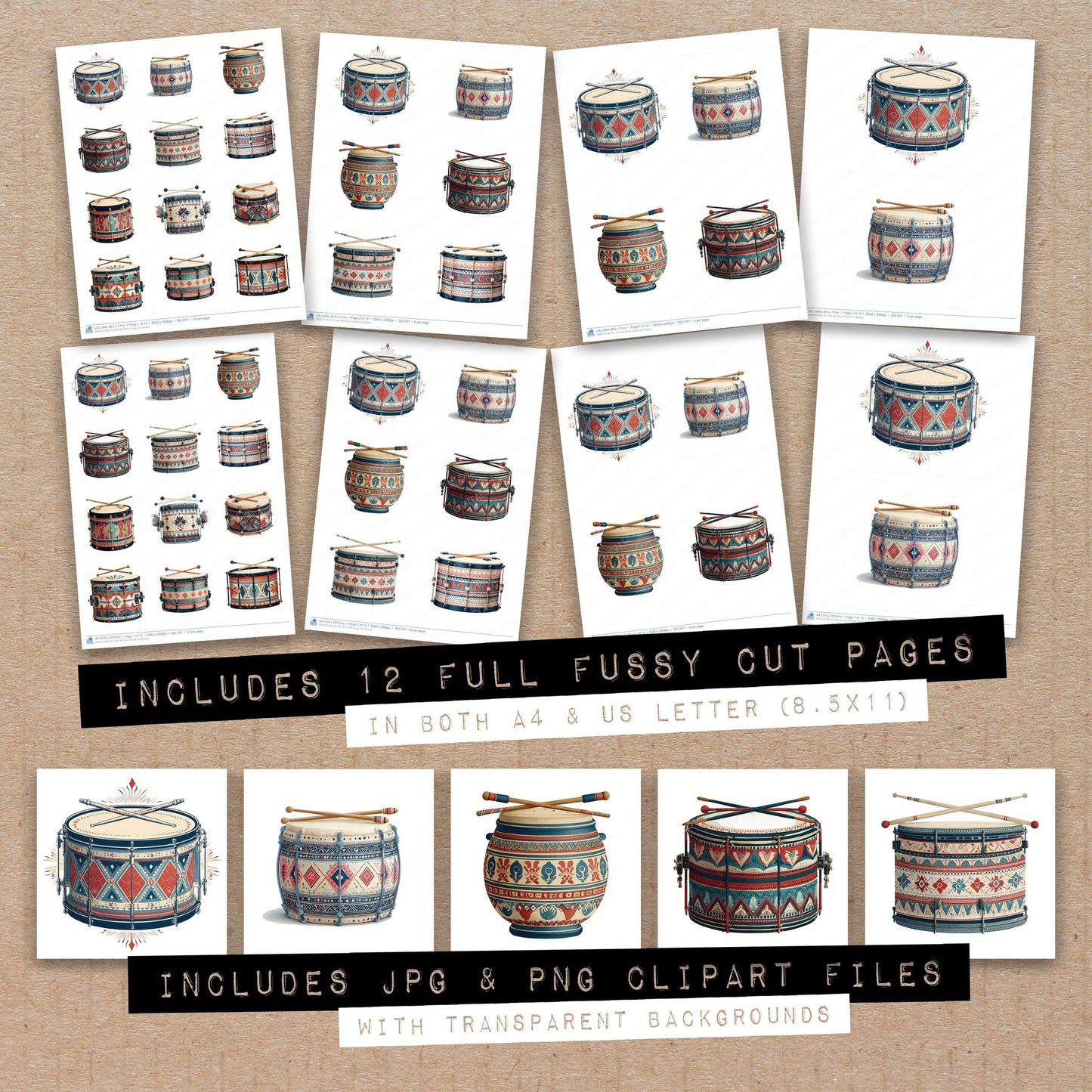 Full collection view of Folk Art Drum fussy cut sheets with bonus clipart JPG and PNG files