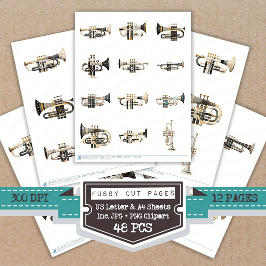 Folk Art Trumpet fussy cut printable sheets for junk journaling, scrapbooking, and paper craft projects