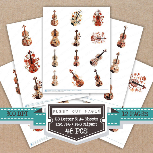 Folk Art Violin fussy cut printable sheets for junk journaling, scrapbooking, and paper craft projects