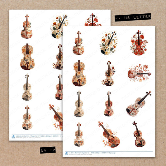 A4 and US Letter format comparison showing Folk Art Violin fussy cut pages for print and cut crafting