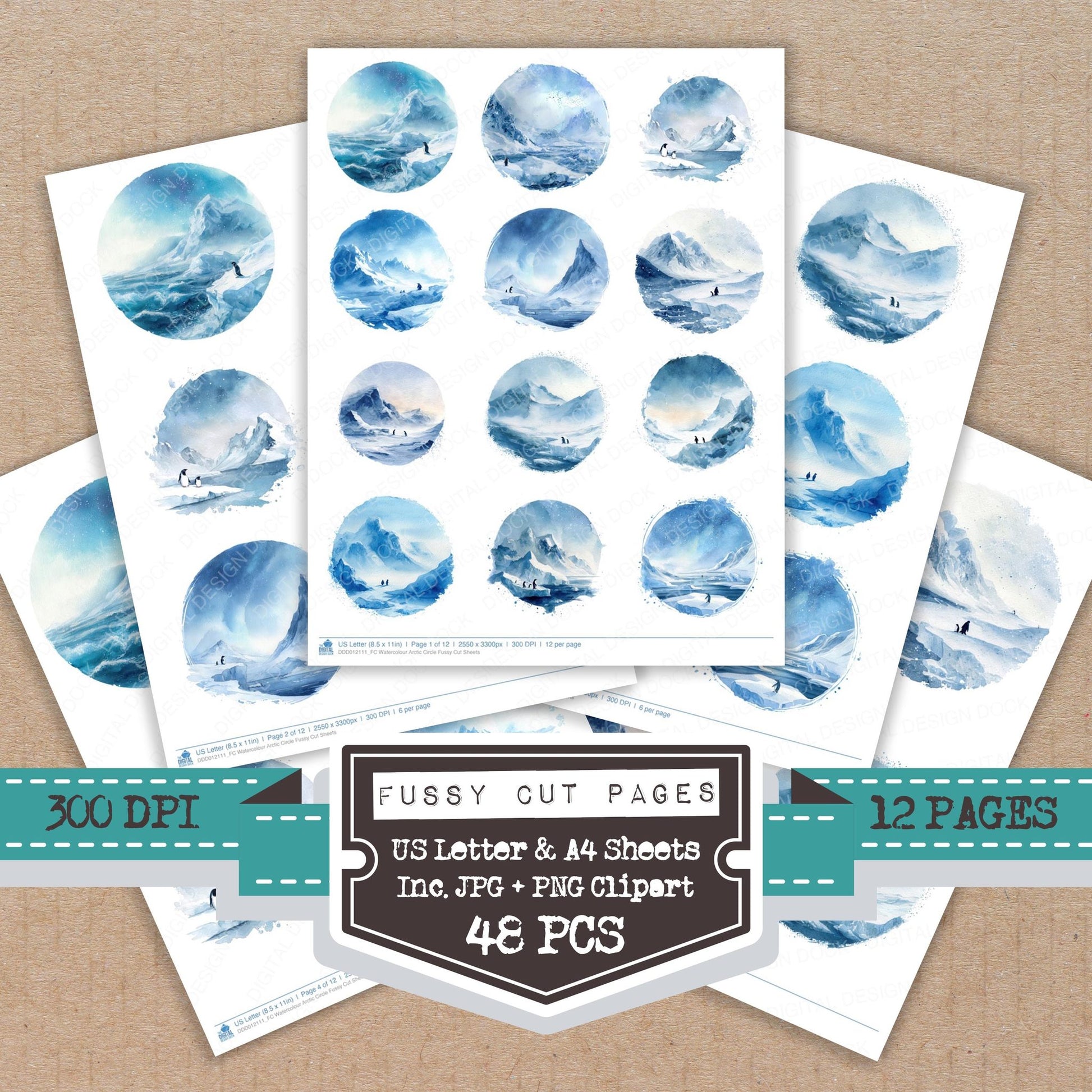 Watercolour Arctic Circle fussy cut printable sheets for junk journaling, scrapbooking, and paper craft projects
