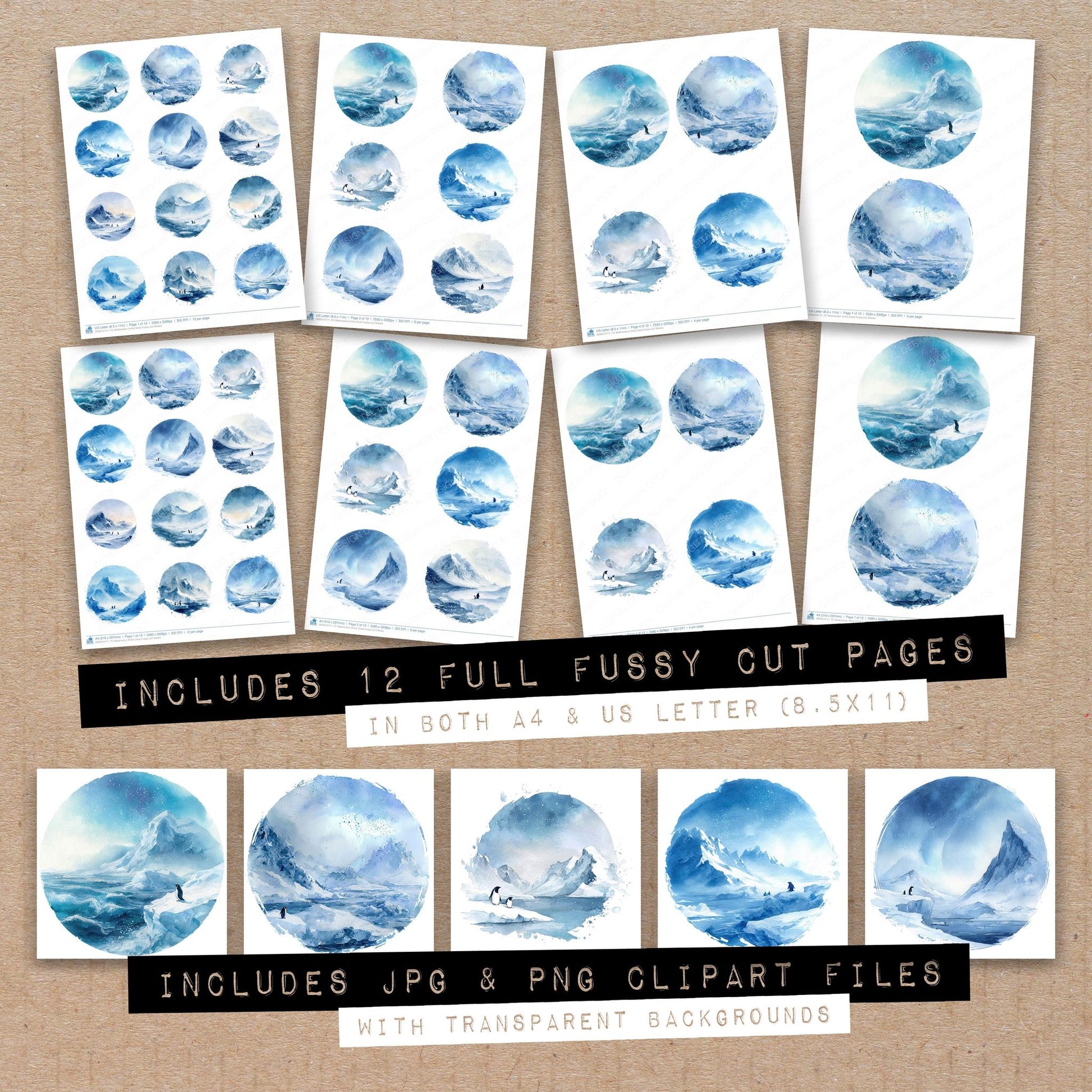 Full collection view of Watercolour Arctic Circle fussy cut sheets with bonus clipart JPG and PNG files