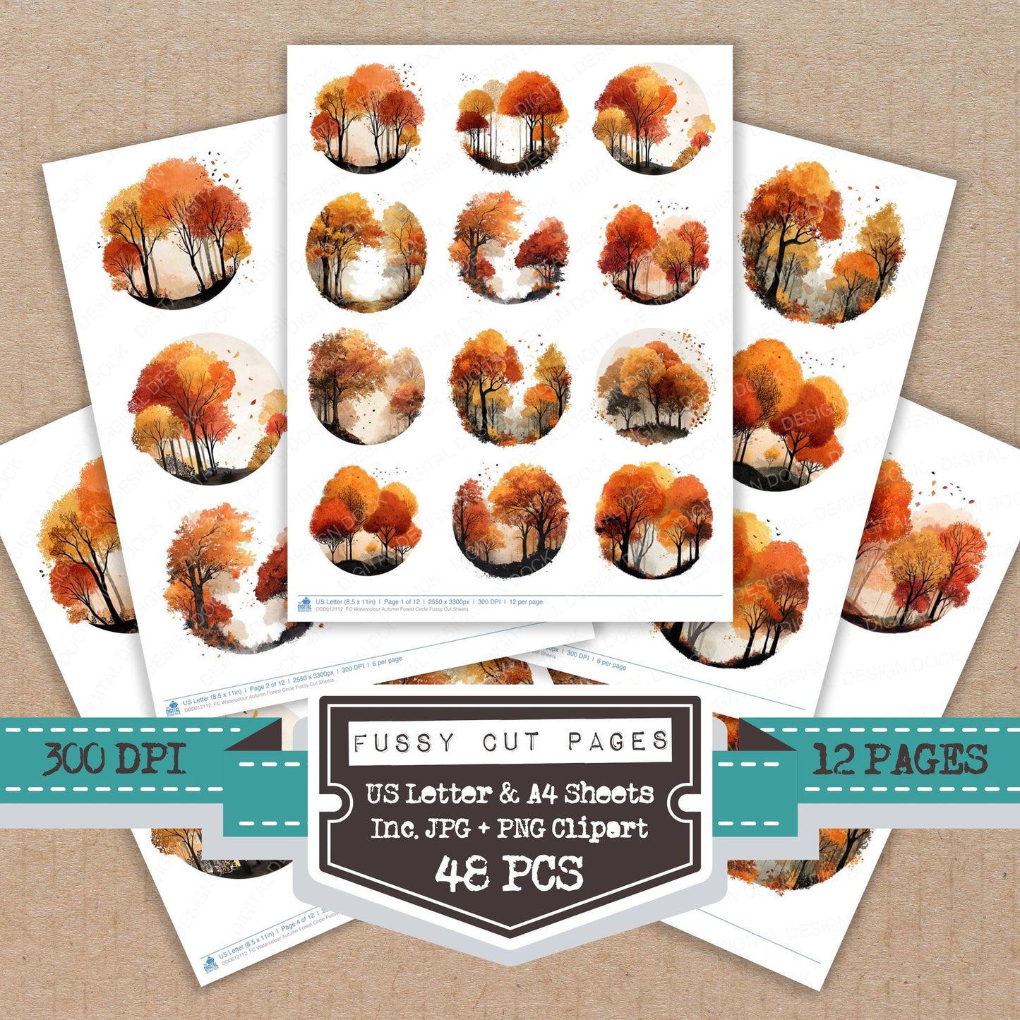 Watercolour Autumn Forest Circle fussy cut printable sheets for junk journaling, scrapbooking, and paper craft projects