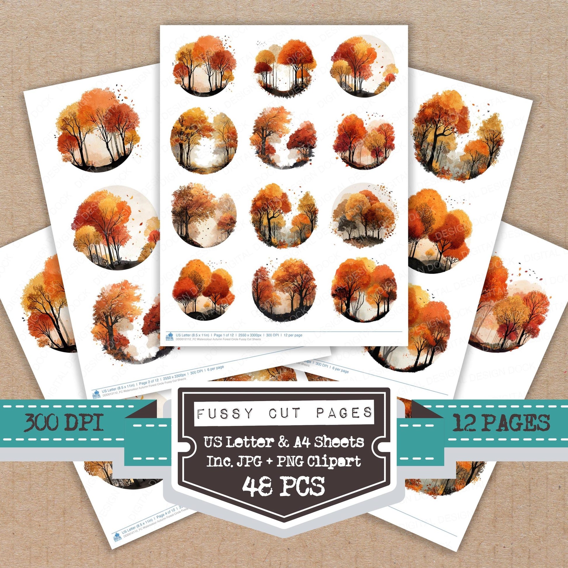 Watercolour Autumn Forest Circle fussy cut printable sheets for junk journaling, scrapbooking, and paper craft projects