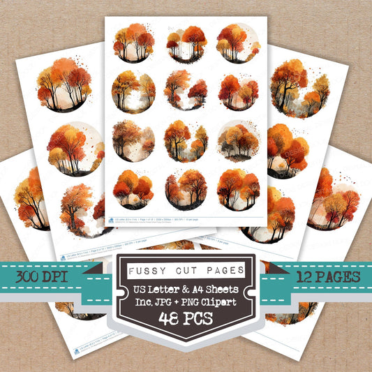 Watercolour Autumn Forest Circle fussy cut printable sheets for junk journaling, scrapbooking, and paper craft projects