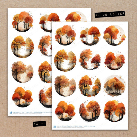 A4 and US Letter format comparison showing Watercolour Autumn Forest Circle fussy cut pages for print and cut crafting