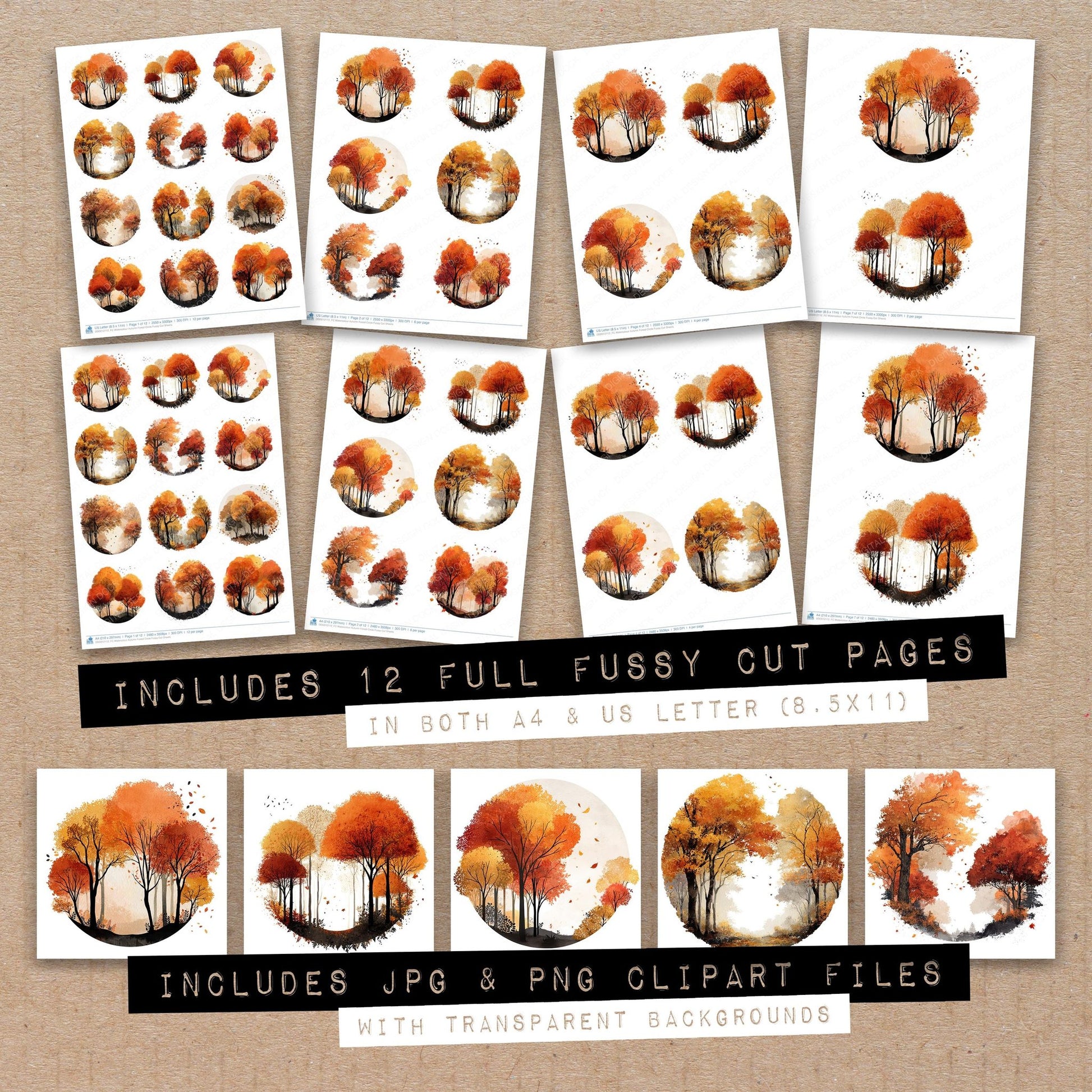 Full collection view of Watercolour Autumn Forest Circle fussy cut sheets with bonus clipart JPG and PNG files