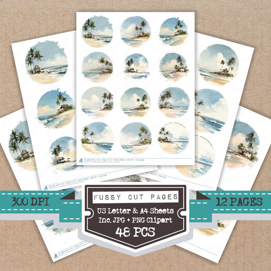 Watercolour Beach Circle fussy cut printable sheets for junk journaling, scrapbooking, and paper craft projects