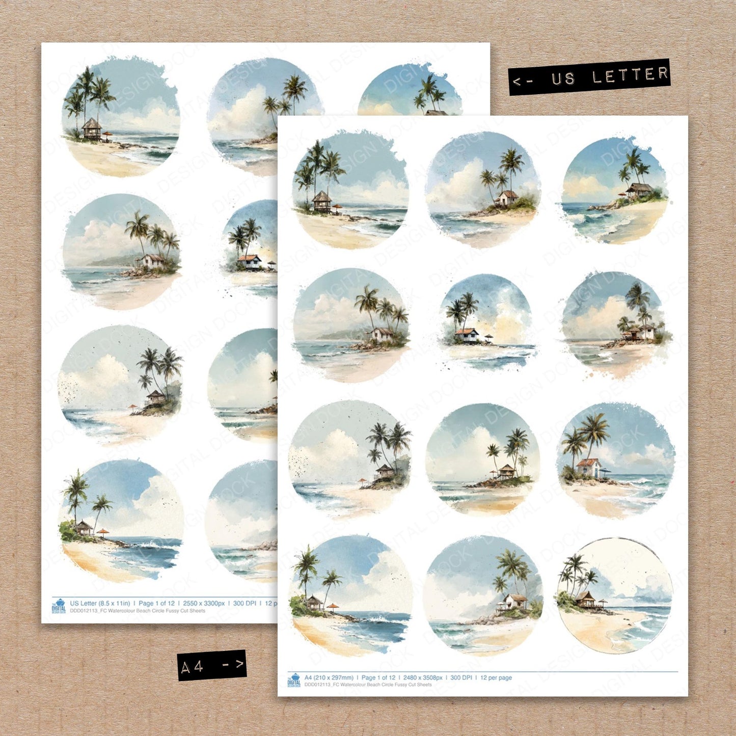 A4 and US Letter format comparison showing Watercolour Beach Circle fussy cut pages for print and cut crafting