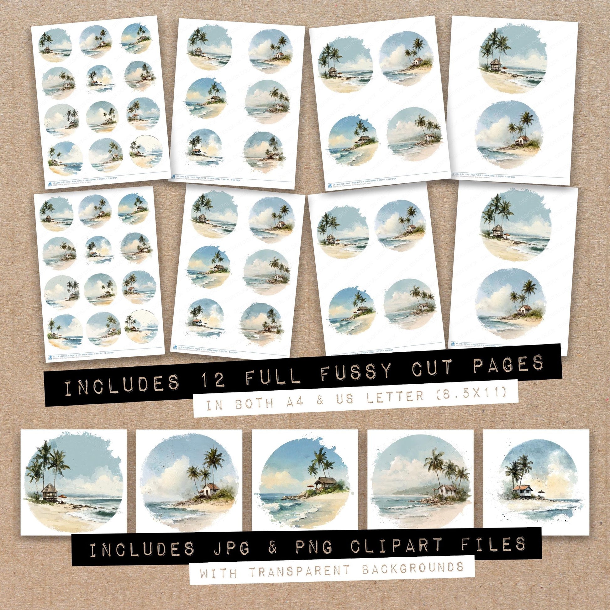 Full collection view of Watercolour Beach Circle fussy cut sheets with bonus clipart JPG and PNG files