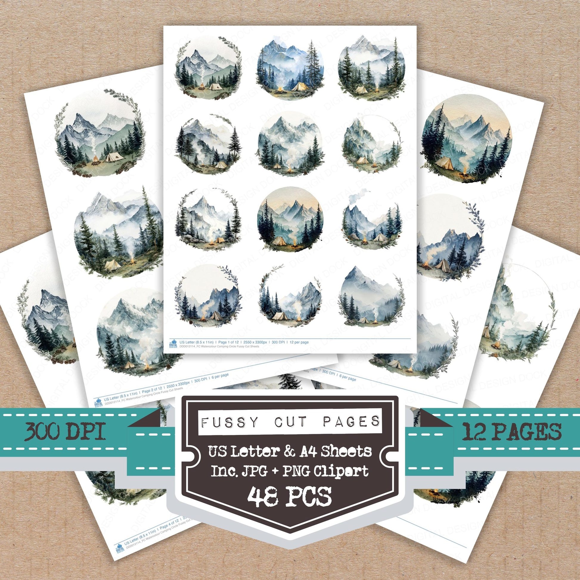 Watercolour Camping Circle fussy cut printable sheets for junk journaling, scrapbooking, and paper craft projects