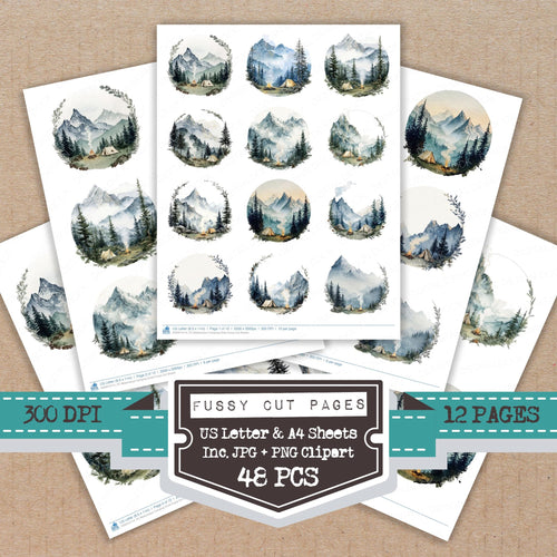 Watercolour Camping Circle fussy cut printable sheets for junk journaling, scrapbooking, and paper craft projects
