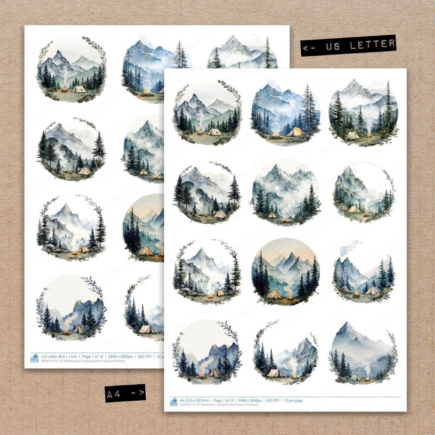 A4 and US Letter format comparison showing Watercolour Camping Circle fussy cut pages for print and cut crafting
