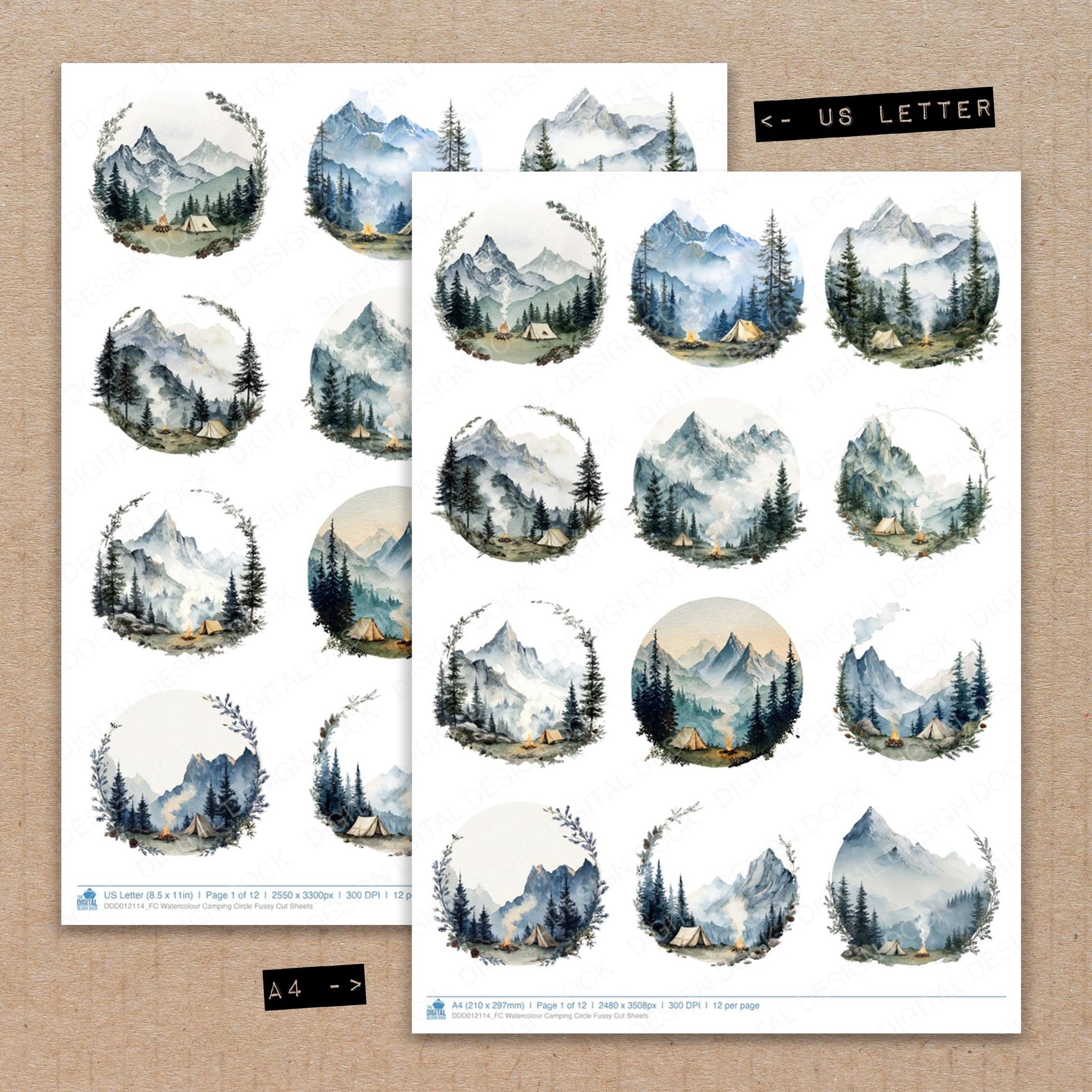 A4 and US Letter format comparison showing Watercolour Camping Circle fussy cut pages for print and cut crafting