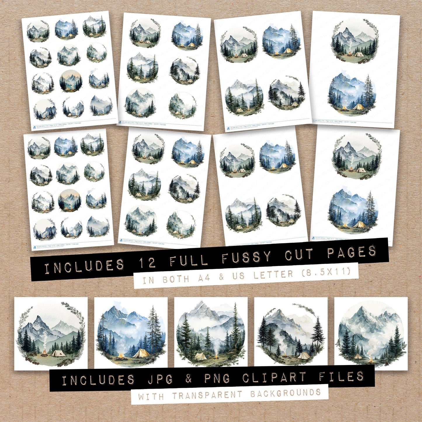 Full collection view of Watercolour Camping Circle fussy cut sheets with bonus clipart JPG and PNG files