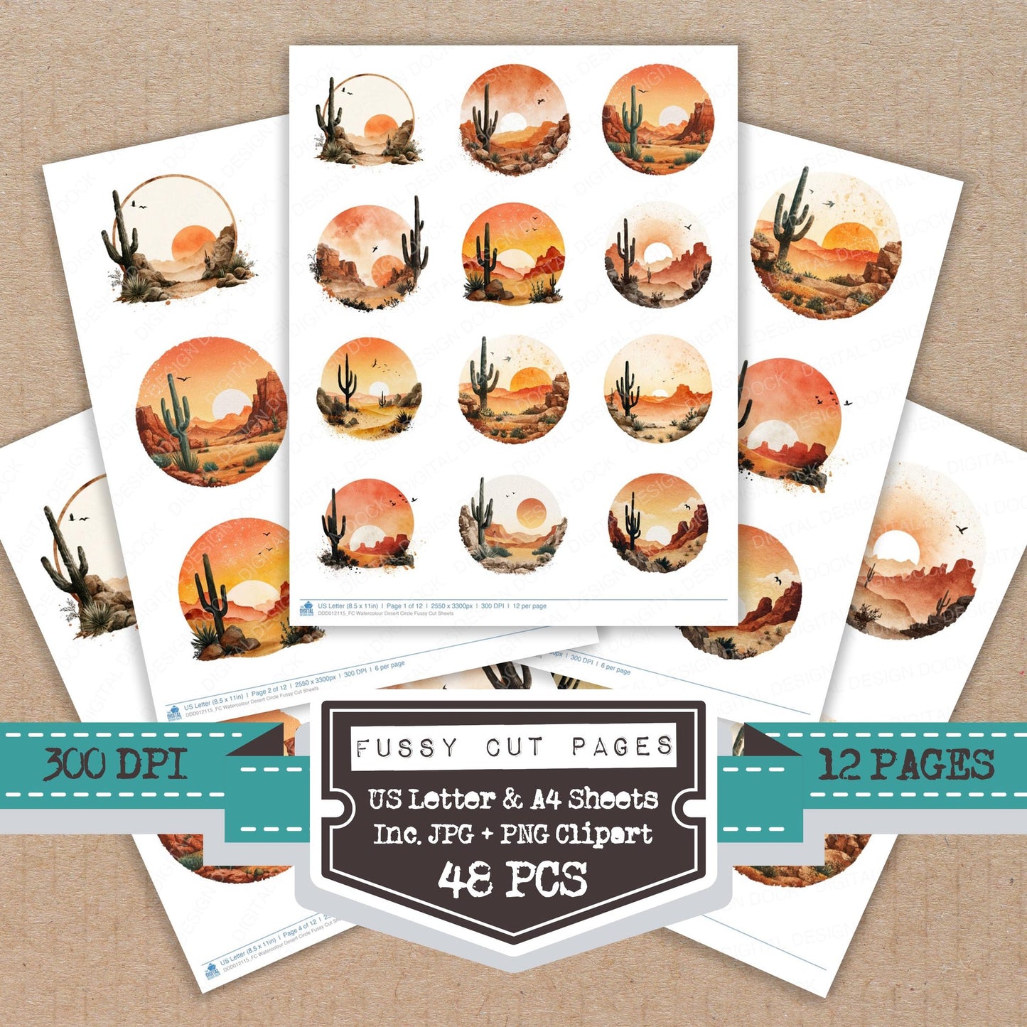 Watercolour Desert Circle fussy cut printable sheets for junk journaling, scrapbooking, and paper craft projects