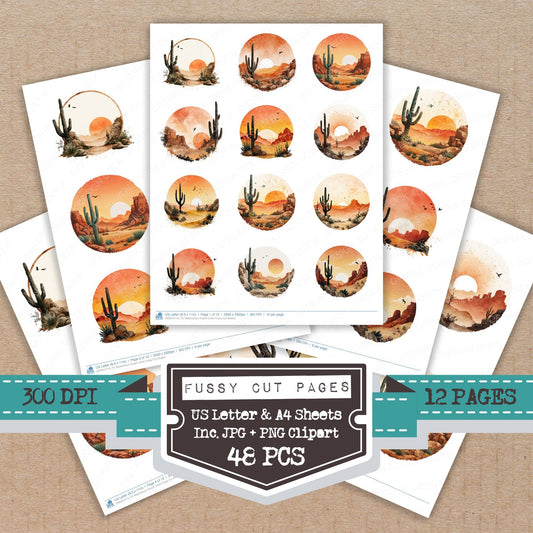 Watercolour Desert Circle fussy cut printable sheets for junk journaling, scrapbooking, and paper craft projects