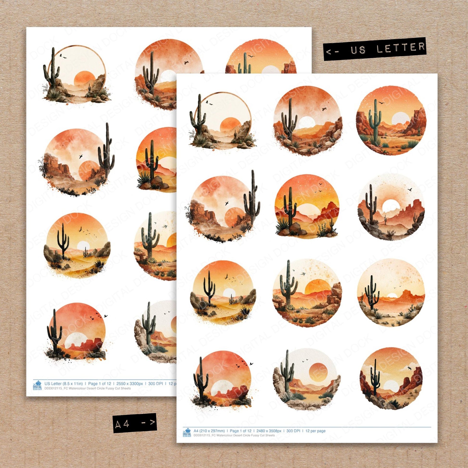 A4 and US Letter format comparison showing Watercolour Desert Circle fussy cut pages for print and cut crafting