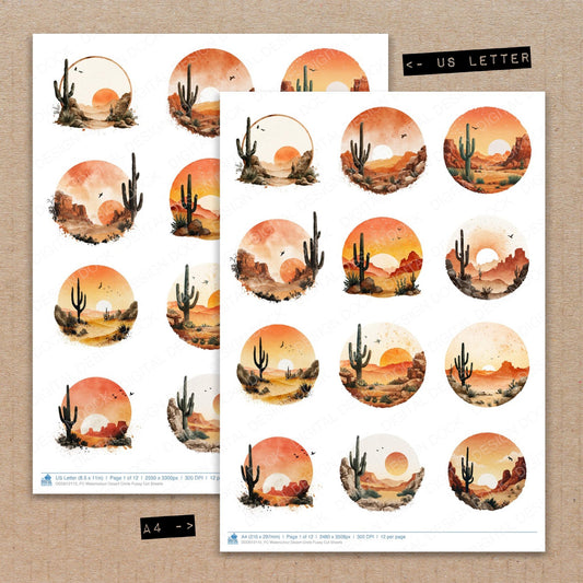 A4 and US Letter format comparison showing Watercolour Desert Circle fussy cut pages for print and cut crafting