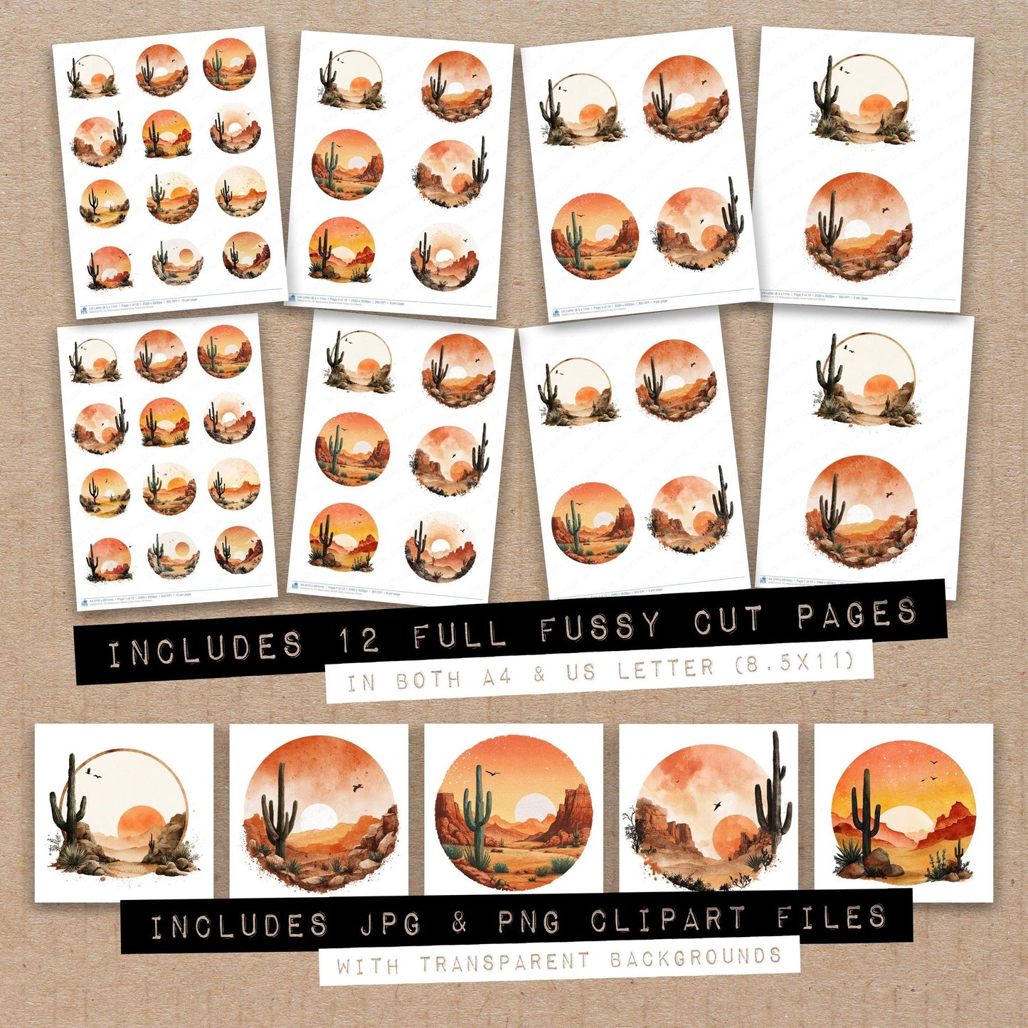 Full collection view of Watercolour Desert Circle fussy cut sheets with bonus clipart JPG and PNG files