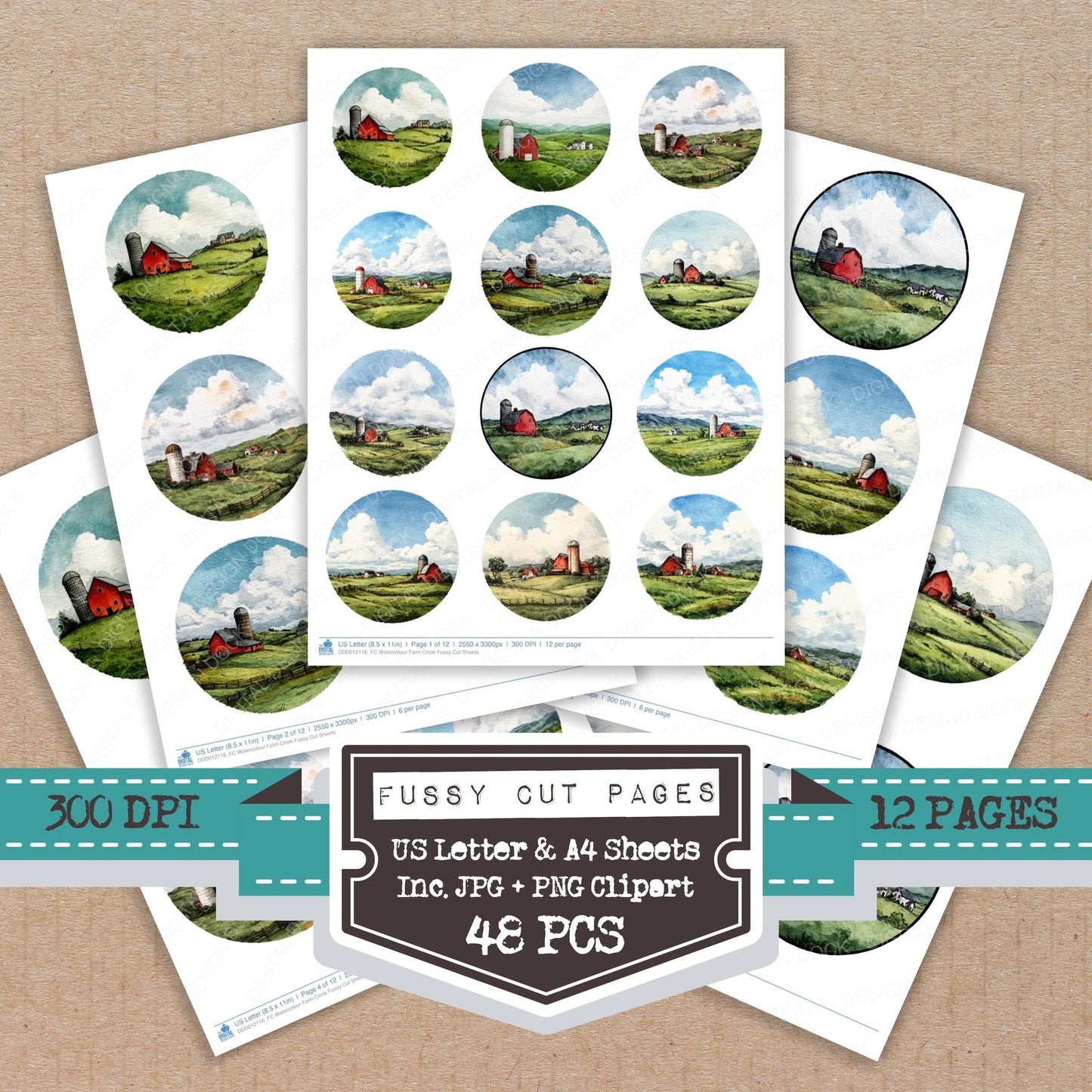 Watercolour Farm Circle fussy cut printable sheets for junk journaling, scrapbooking, and paper craft projects