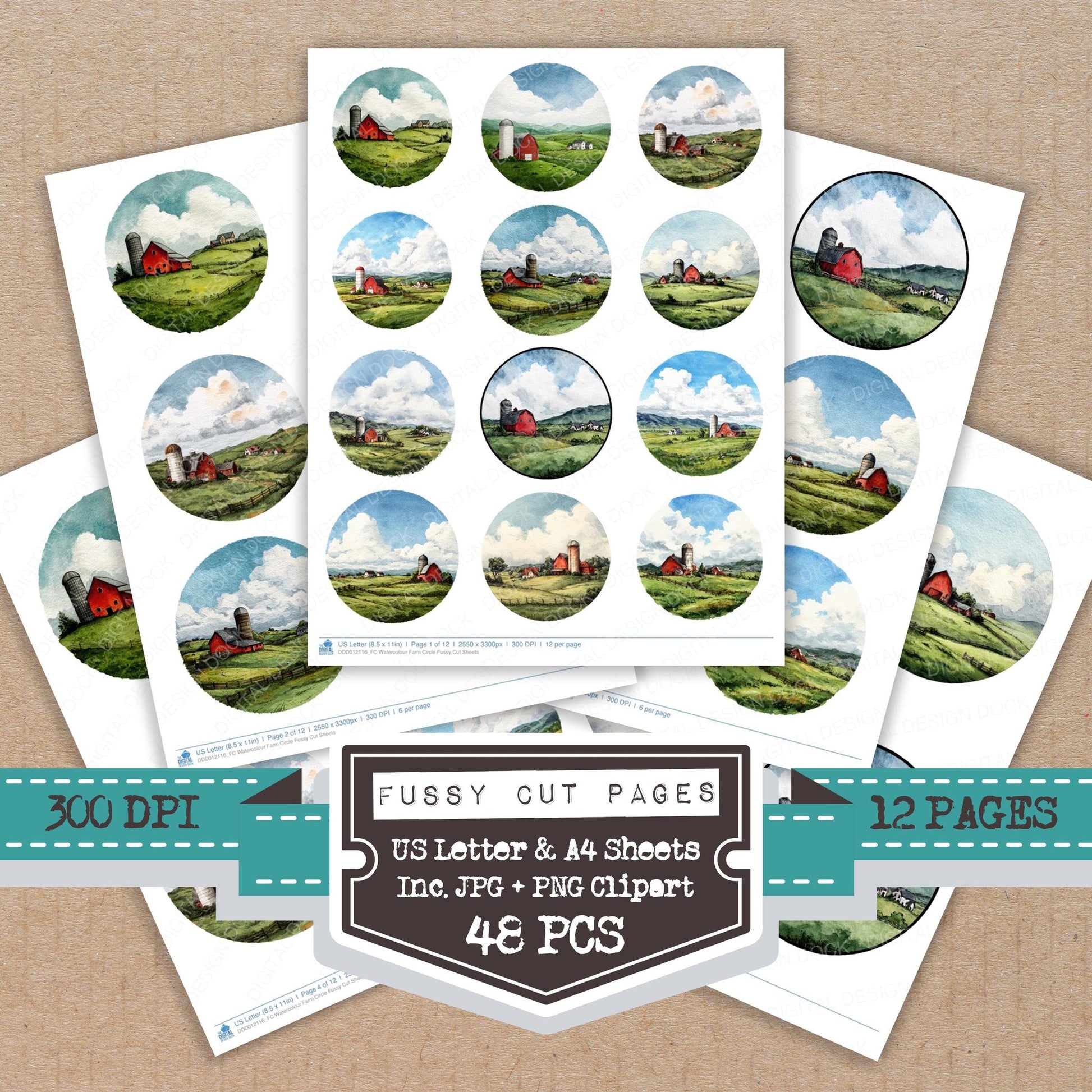 Watercolour Farm Circle fussy cut printable sheets for junk journaling, scrapbooking, and paper craft projects