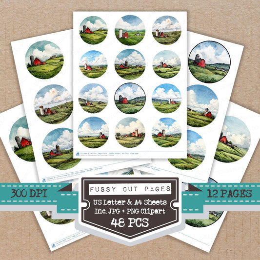 Watercolour Farm Circle fussy cut printable sheets for junk journaling, scrapbooking, and paper craft projects