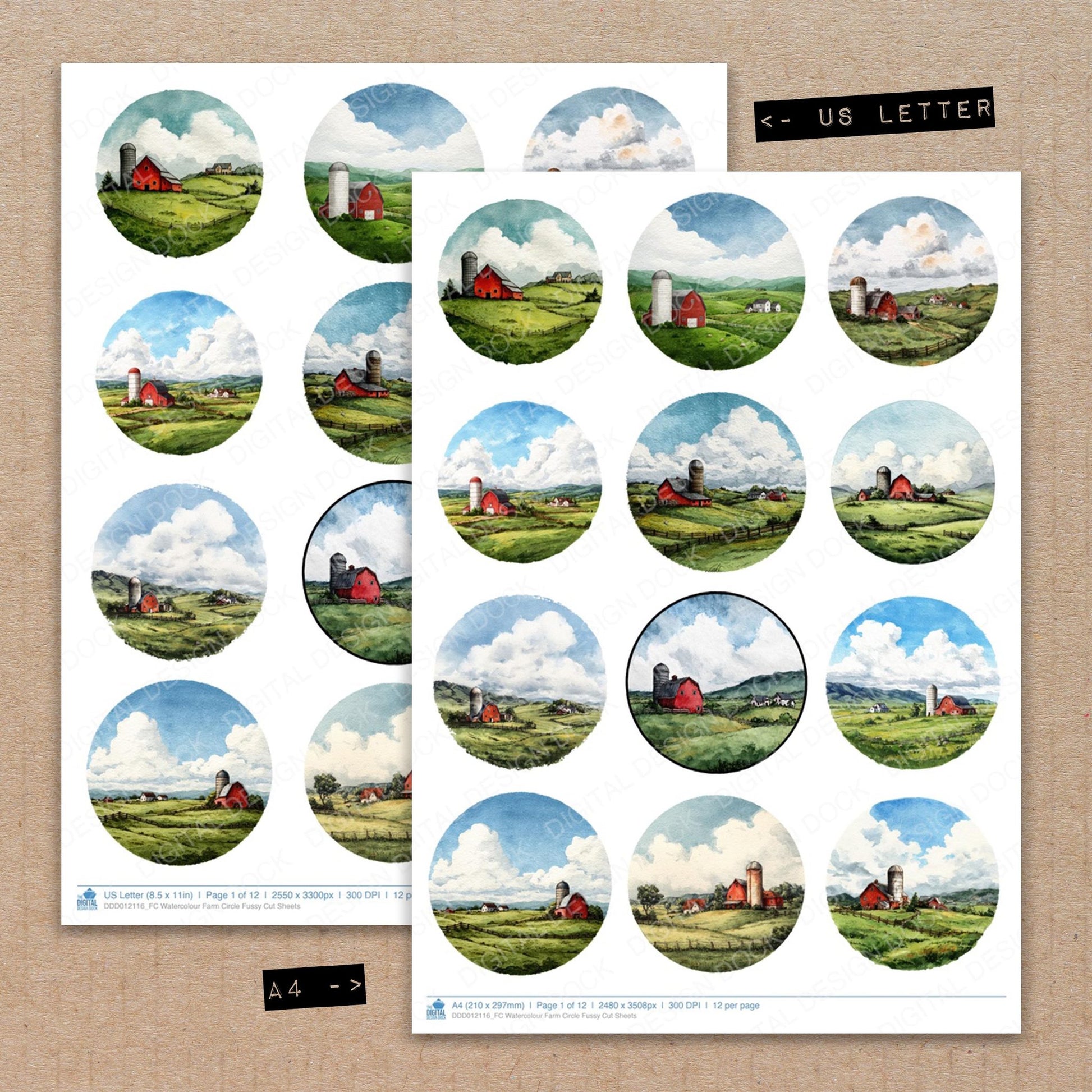 A4 and US Letter format comparison showing Watercolour Farm Circle fussy cut pages for print and cut crafting