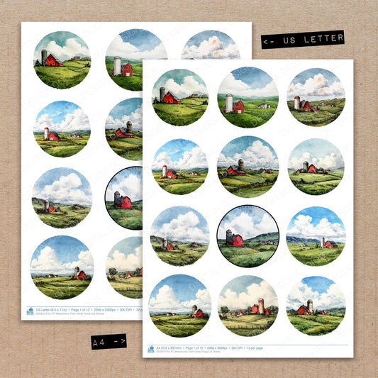A4 and US Letter format comparison showing Watercolour Farm Circle fussy cut pages for print and cut crafting