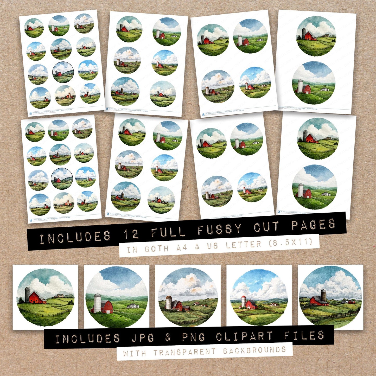 Full collection view of Watercolour Farm Circle fussy cut sheets with bonus clipart JPG and PNG files